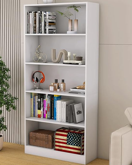 Bookshelves and Bookcases Floor Standing tall bookcase 5 Tier Display Storage Shelves Tall Bookcase Home Decor Furniture for Home Office(White 11.8" D x 31.5" W x 67.9" H) - LeafyLoom