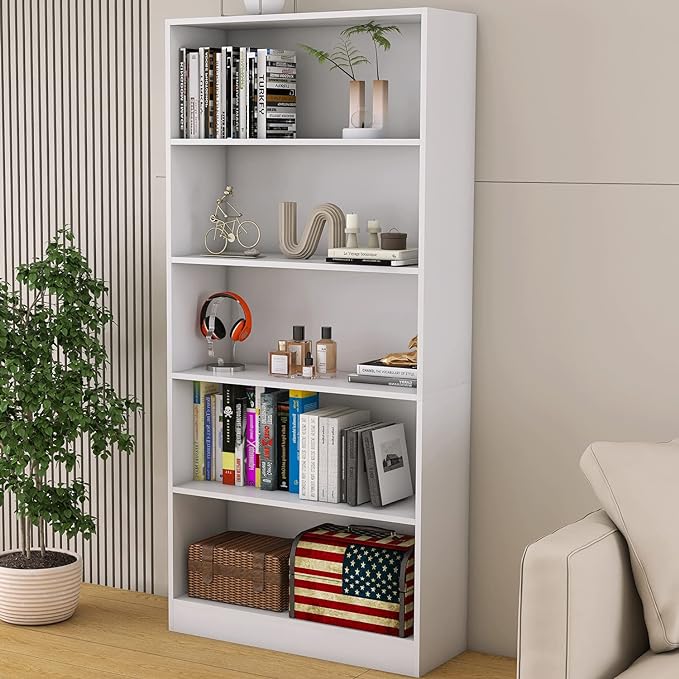 Bookshelves and Bookcases Floor Standing tall bookcase 5 Tier Display Storage Shelves Tall Bookcase Home Decor Furniture for Home Office(White 11.8" D x 31.5" W x 67.9" H) - LeafyLoom