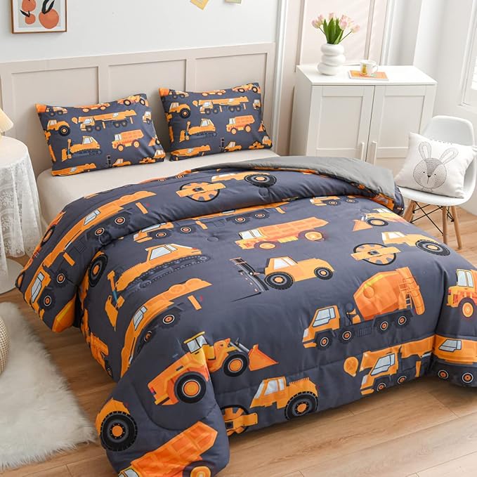 NTBED Construction Truck Comforter Set for Boys Kids Vehicles Excavator Cars Lightweight Microfiber Bedding Sets (Grey, Twin) - LeafyLoom