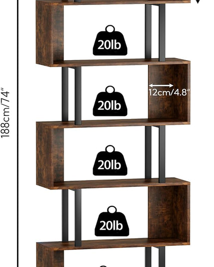 Yusong Geometric Bookcase, S Shaped Bookshelf 6-Tier Book Shelves for Bedroom, Modern Wood Decorative Display Shelf Tall Book Case for Home Office, Bown and Black - LeafyLoom