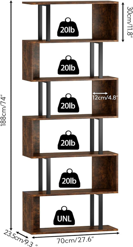 Yusong Geometric Bookcase, S Shaped Bookshelf 6-Tier Book Shelves for Bedroom, Modern Wood Decorative Display Shelf Tall Book Case for Home Office, Bown and Black - LeafyLoom