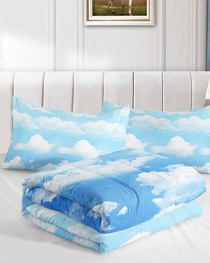 Axolotl Blue Cloud Comforter Set Queen,Light Blue Bedding Set,Cloud Sky Comforter Set Blue Sky and White Clouds Design Bedding Set,Sky Blue Comforter for Kids Girls Boys Teens,1 Quilt 2 Pillowcases - LeafyLoom