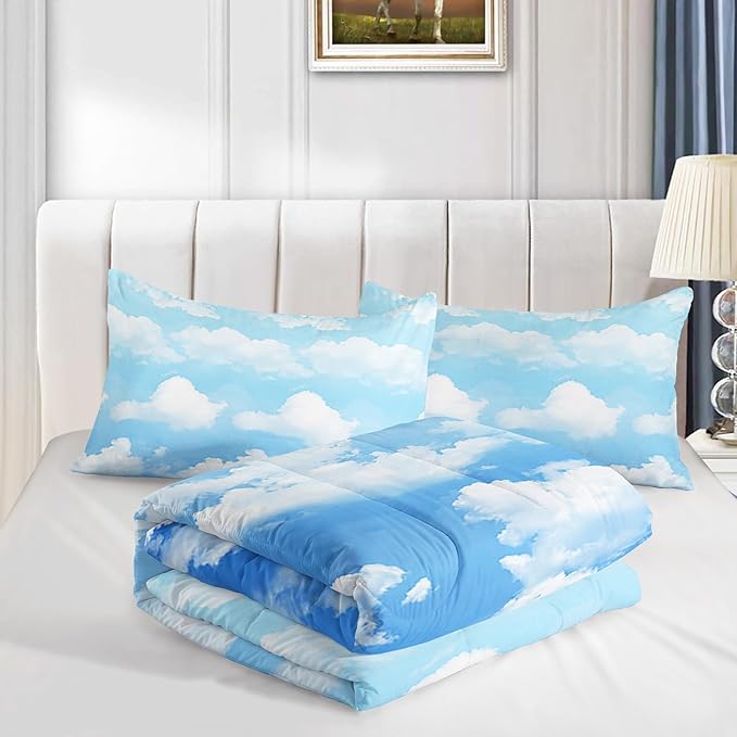 Axolotl Blue Cloud Comforter Set Queen,Light Blue Bedding Set,Cloud Sky Comforter Set Blue Sky and White Clouds Design Bedding Set,Sky Blue Comforter for Kids Girls Boys Teens,1 Quilt 2 Pillowcases - LeafyLoom