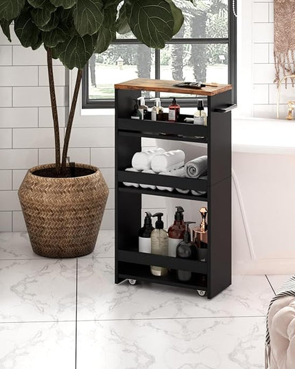 TEAMIX 4 Tier Slim Storage Cart with Handle, Slide Out Storage Rolling Utility Cart Mobile Shelving Unit Organizer Trolley for Small Spaces Kitchen Laundry Narrow Places (Black+Brown, 7-7/8'' W) - LeafyLoom