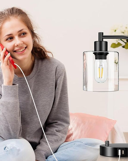 Industrial Table Lamp with 2 USB Charging Ports, Fully Stepless Dimmable Modern Nightstand Lamp, Glass Shade Bedside Desk Lamp for Bedroom Living Room Office, 6W 2700K LED Edison Bulb Included - LeafyLoom