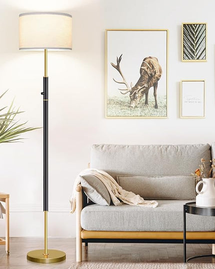 【Upgraded】 Dimmable Floor Lamp for Living Room, 1100 Lumens LED Edison Bulb Included, Simple Standing Lamp with Linen Lamp Shade, Modern Tall Lamp for Living Room Bedroom Office - Black and Gold - LeafyLoom