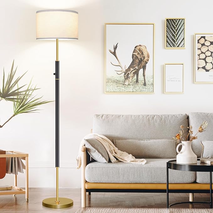 【Upgraded】 Dimmable Floor Lamp for Living Room, 1100 Lumens LED Edison Bulb Included, Simple Standing Lamp with Linen Lamp Shade, Modern Tall Lamp for Living Room Bedroom Office - Black and Gold - LeafyLoom