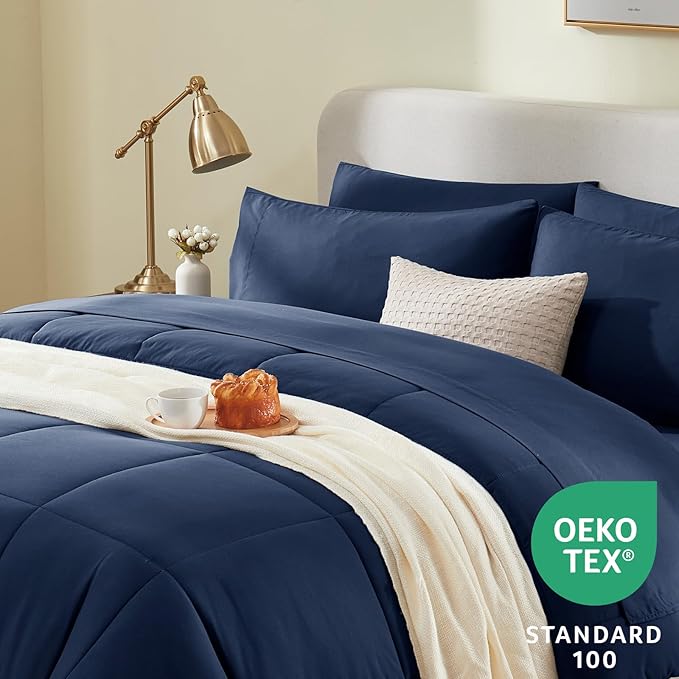 CozyLux Queen Comforter Set - 7 Pieces Bed in a Bag Set Navy Blue, Bedding Sets Queen with All Season Quilted Comforter, Flat Sheet, Fitted Sheet, Pillowcases, Navy Blue, Queen - LeafyLoom