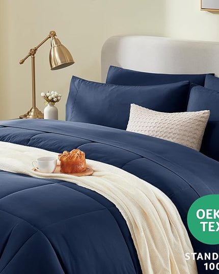 CozyLux King Size Comforter Set - 7 Pieces Bed in a Bag Set Navy Blue, King Bedding Set with All Season Quilted Comforter, Flat Sheet, Fitted Sheet, Pillowcases - LeafyLoom