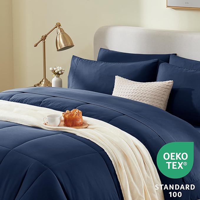 CozyLux King Size Comforter Set - 7 Pieces Bed in a Bag Set Navy Blue, King Bedding Set with All Season Quilted Comforter, Flat Sheet, Fitted Sheet, Pillowcases - LeafyLoom
