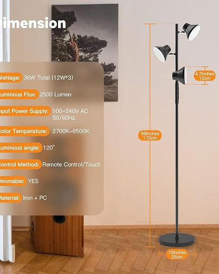 2024 Upgraded LED Floor Lamp, 36W Modern Floor Lamp with Remote & Touch Control, 4 Color Temperatures, Standing Lamp with 3 Rotatable Lights, Floor Lamps for Living Room, Bedroom, Office - LeafyLoom