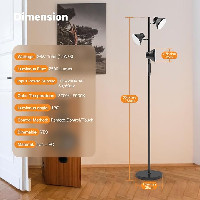 2024 Upgraded LED Floor Lamp, 36W Modern Floor Lamp with Remote & Touch Control, 4 Color Temperatures, Standing Lamp with 3 Rotatable Lights, Floor Lamps for Living Room, Bedroom, Office - LeafyLoom