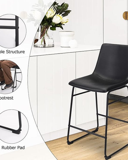 Bar Stools Set of 2, 26 Inches Bar Stool with Back, Carbon Fiber Bar Chair with Metal Legs (Black) - LeafyLoom