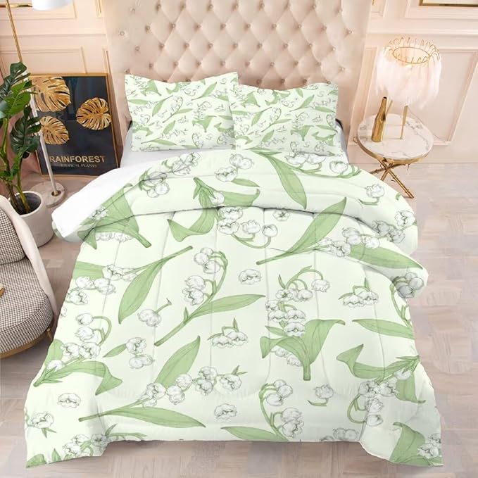 kxry Green Flower Comforter Sets Bedding Sets Full Size Comforter Set for Girls Women Kids 1 Comforter + 2 Pillow Case - LeafyLoom