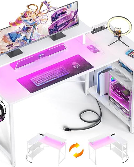 Homieasy L Shaped Gaming Desk with Power Outlet & LED Light, 55 Inch Computer Desk with Storage Shelves, Reversible Corner Desk with Monitor Stand Headset Hooks for Home Office, White - LeafyLoom
