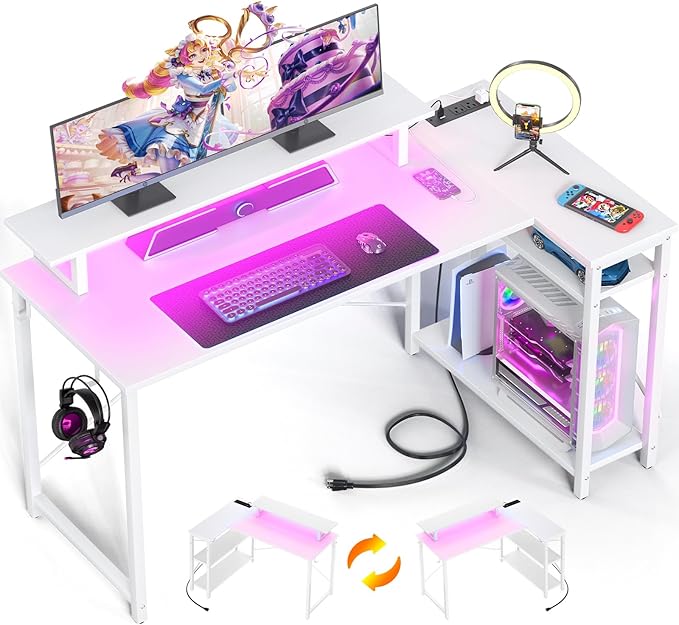 Homieasy L Shaped Gaming Desk with Power Outlet & LED Light, 55 Inch Computer Desk with Storage Shelves, Reversible Corner Desk with Monitor Stand Headset Hooks for Home Office, White - LeafyLoom