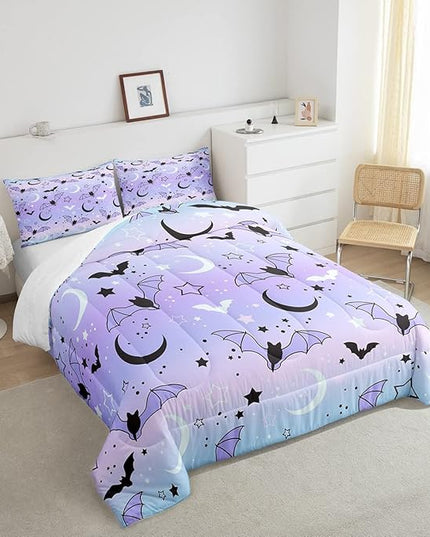 Feelyou Halloween Comforter Rainbow Comforter Set for Boys Girls Children Bat Moon Star Print Bedding Set Halloween Theme Purple Gradient Style Room Decor Queen Size Duvet Set 3Pcs - LeafyLoom