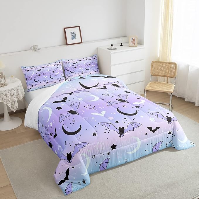 Feelyou Halloween Comforter Rainbow Comforter Set for Boys Girls Children Bat Moon Star Print Bedding Set Halloween Theme Purple Gradient Style Room Decor Full Size Duvet Set 3Pcs - LeafyLoom