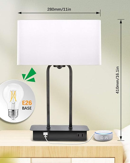 3-Way Dimmable Touch Control Table Lamp with 2 USB Ports and AC Power Outlet Modern Bedside Nightstand Lamp Fabric Shade and Metal Base for Guestroom Bedroom Living Room Hotel LED Bulb Included White - LeafyLoom