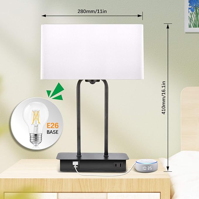 3-Way Dimmable Touch Control Table Lamp with 2 USB Ports and AC Power Outlet Modern Bedside Nightstand Lamp Fabric Shade and Metal Base for Guestroom Bedroom Living Room Hotel LED Bulb Included White - LeafyLoom