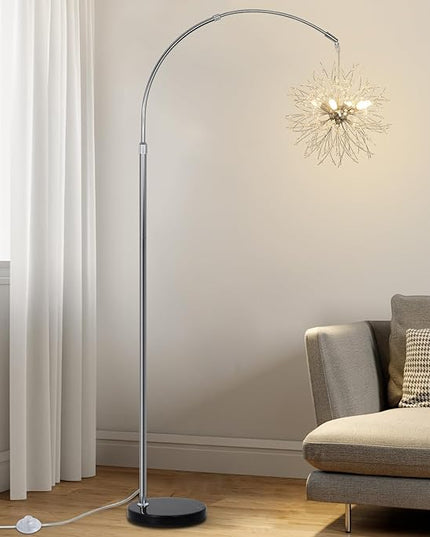Crystal Arc Floor Lamps for Living Room, Modern Floor Lamp with Marble Base, Adjustable Height Standing Lamp, Mid Century Tall Lamp for Girls Room, Over Couch Arched Reading Light for Bedroom, Office - LeafyLoom