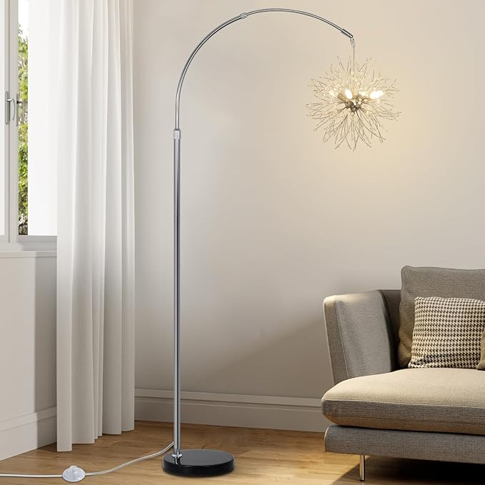 Crystal Arc Floor Lamps for Living Room, Modern Floor Lamp with Marble Base, Adjustable Height Standing Lamp, Mid Century Tall Lamp for Girls Room, Over Couch Arched Reading Light for Bedroom, Office - LeafyLoom