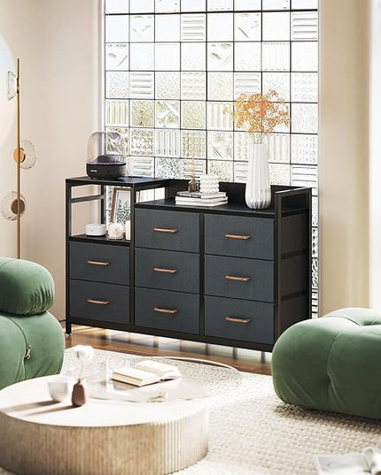 ODK Dresser with Charging Station, 52-Inch Long Dresser TV Stand for Bedroom, Large Dresser with 8 Storage Drawers, Chest of Drawers Easy-Pull Fabric Dressers for Living Room, Black and Dark Grey - LeafyLoom