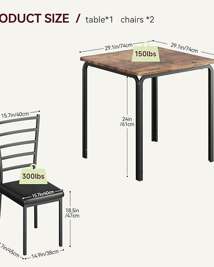 IDEALHOUSE Dining Table for 2, Small Table and Chairs Set of 2, Dinette Set for 2, Square Dinner Table Set, 3 Piece Kitchen & Dining Room Sets for Small Space, Apartment, Home Office, Rustic Brown - LeafyLoom