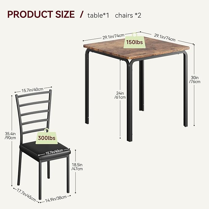 IDEALHOUSE Dining Table for 2, Small Table and Chairs Set of 2, Dinette Set for 2, Square Dinner Table Set, 3 Piece Kitchen & Dining Room Sets for Small Space, Apartment, Home Office, Rustic Brown - LeafyLoom
