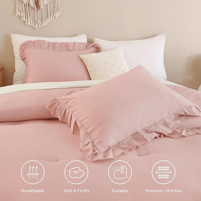 Andency Blush Pink Ruffle Comforter Queen, 3 Pieces Rustic Farmhouse Shabby Chic Comforter, All Season Soft Microfiber Down Alternative Bedding Comforter Set - LeafyLoom