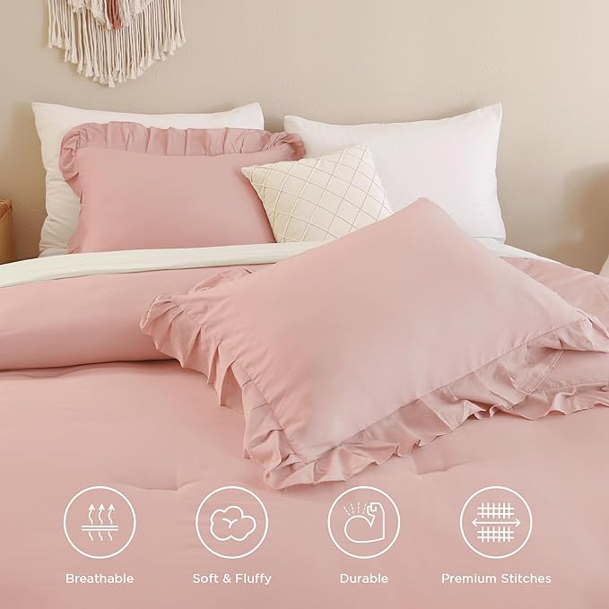 Andency Blush Pink California King Comforter Set, 3 Pieces Oversized Farmhouse Shabby Chic Bed Ruffle Comforter, Cal King Lightweight Soft Microfiber Bedding Set - LeafyLoom