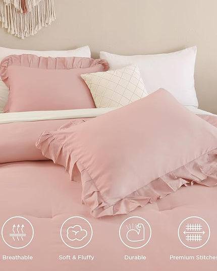 Andency Blush Pink Ruffle Comforter King, 3 Pieces All Season Farmhouse Shabby Chic Comforter, Vintage Rustic Soft Microfiber Down Alternative Bedding Comforter Set - LeafyLoom