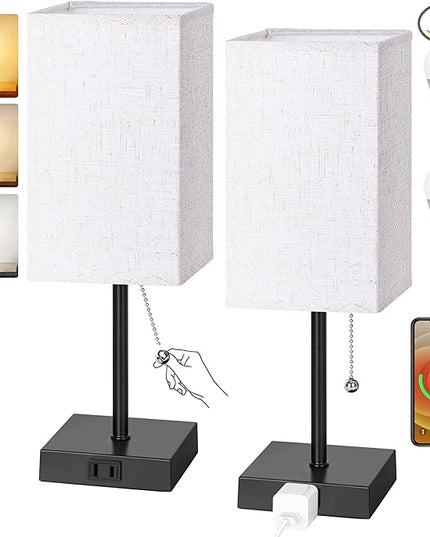 Table Lamp for Bedroom Set of 2, 3 Color Bedside Lamps with AC Outlets, Square Pull Chain Nightstand Lamp for Living Room, Office Desk, LED Bulb Included - LeafyLoom