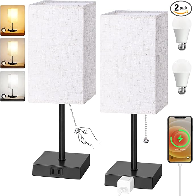 Table Lamp for Bedroom Set of 2, 3 Color Bedside Lamps with AC Outlets, Square Pull Chain Nightstand Lamp for Living Room, Office Desk, LED Bulb Included - LeafyLoom