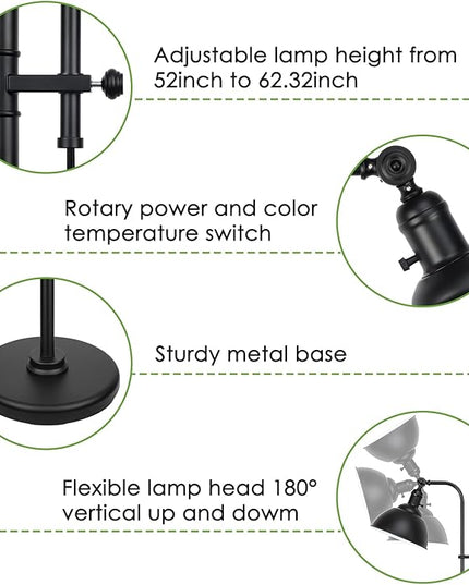 Black Floor Lamp, 3 Color Temperature Industrial Floor Lamps, Adjustable Height & Head Standing Reading Lamp, Farmhouse Floor lamp for Living Room, Bedroom, Office - LeafyLoom