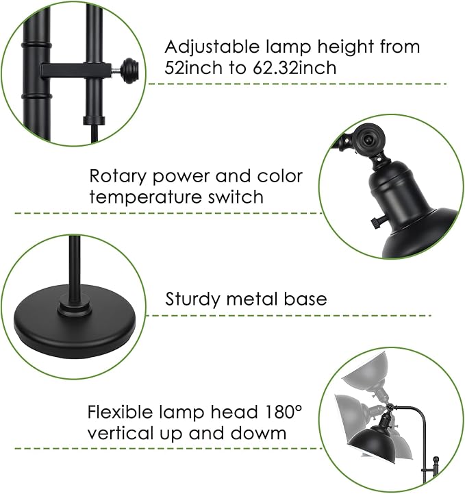 Black Floor Lamp, 3 Color Temperature Industrial Floor Lamps, Adjustable Height & Head Standing Reading Lamp, Farmhouse Floor lamp for Living Room, Bedroom, Office - LeafyLoom