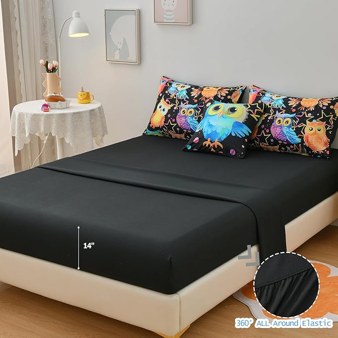 DORCAS Full Bedding Set with Comforter, Sheets for Kids, 6 Pieces, Owl, All Seasons, Unisex, Polyester, Machine Wash, Cute Owl Theme Design - LeafyLoom