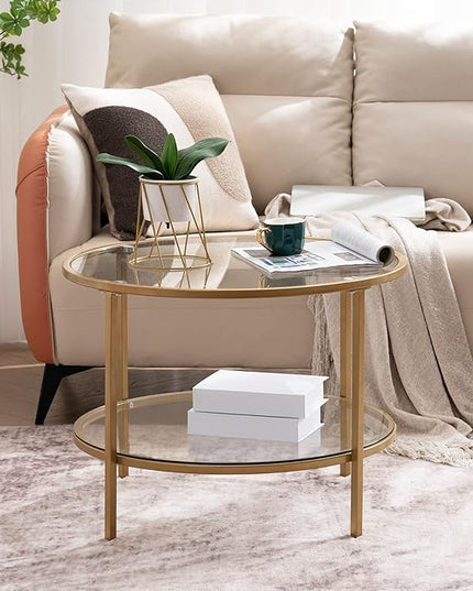 VINGLI 25.6" Round Gold Coffee Tables for Living Room, 2-Tier Glass Top Coffee Table with Storage Clear Coffee , Simple & Modern Center Table for Small Space - LeafyLoom