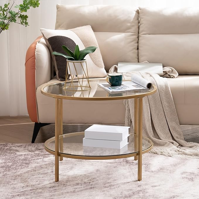 VINGLI 25.6" Round Gold Coffee Tables for Living Room, 2-Tier Glass Top Coffee Table with Storage Clear Coffee , Simple & Modern Center Table for Small Space - LeafyLoom