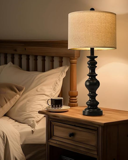 BOBOMOMO Resin 27.5" Farmhouse Lamps for Bedrooms Retro Side Table Lamps Bedside Lamp for Side Nightstand Living Room Black（1 Pack） - LeafyLoom