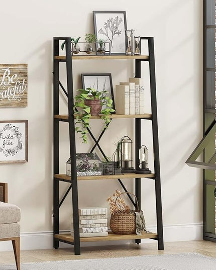 BON AUGURE Farmhouse Ladder Shelf Bookcase, 4 Tier Rustic Ladder Bookshelf, Standing Leaning Book Shelves for Living Room (Vintage Oak) - LeafyLoom