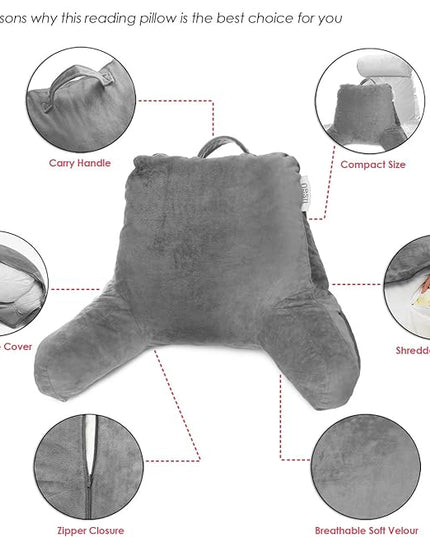 Nestl Reading Pillow with Portable Laptop Lap Desk, Velvet Feel Back Pillow for Sitting in Bed, Shredded Memory Foam Back Support Pillow for Bed, Bed Rest Pillow with Arms, Small - Gray - LeafyLoom