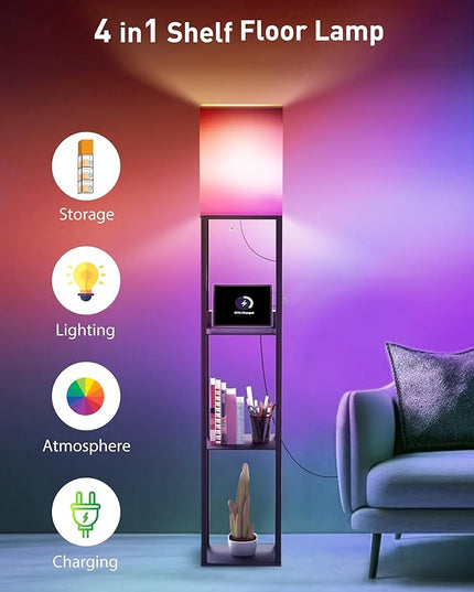 Evajoy Floor Lamp with Shelves, Smart RGB Floor Lamps Work with Alexa, with 2 USB Ports & 1 AC Output, Modern 4-Tier Lamp for Display Storage,Black - LeafyLoom