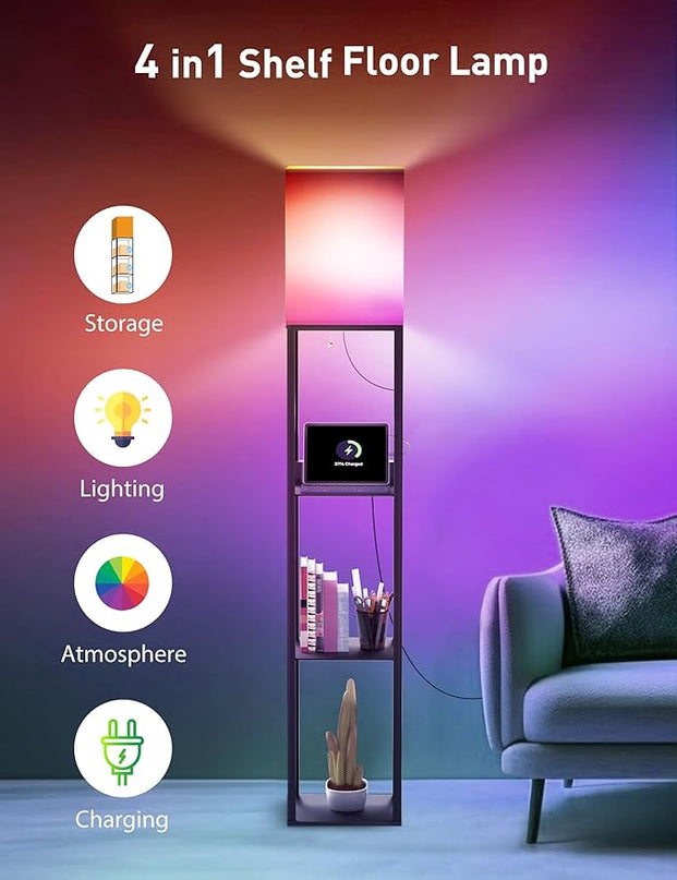 Evajoy Floor Lamp with Shelves, Smart RGB Floor Lamps Work with Alexa, with 2 USB Ports & 1 AC Output, Modern 4-Tier Lamp for Display Storage,Black - LeafyLoom