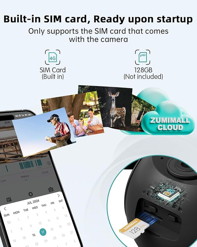 ZUMIMALL 4G LTE Cellular Solar Security Camera Wireless Outdoor, 2K No WiFi Security Camera Solar Powered with Color Night Vision, 2-Way Talk, Motion Alert, Cloud, SIM Included（US Version） ZUMIMALL