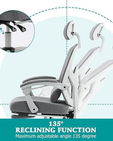 edx Ergonomic Office Chair, Reclining High Back Mesh Computer Desk Swivel Rolling Home Task Chair with Lumbar Support Pillow, Adjustable Headrest, Retractable Footrest and Padded Armrests, Grey - LeafyLoom