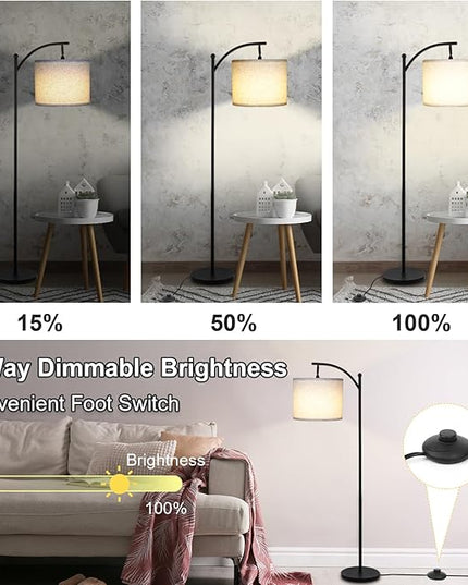 Modern Floor Lamp, 3-Ways Dimmable Standing Lamp with Linen Shade, Adjustable Height, Foot-Step Switch, Reading Lamp for Living Room, Bedroom, Office, 9W Bulb Included (Black) - LeafyLoom