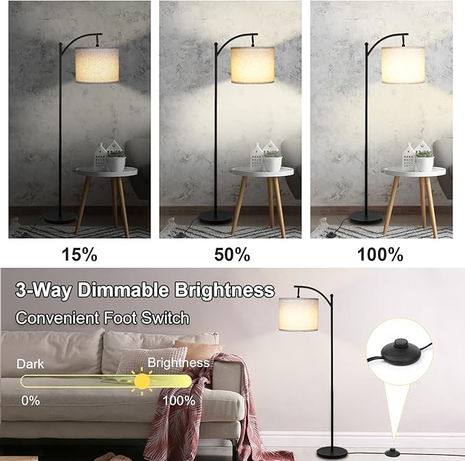 Modern Floor Lamp, 3-Ways Dimmable Standing Lamp with Linen Shade, Adjustable Height, Foot-Step Switch, Reading Lamp for Living Room, Bedroom, Office, 9W Bulb Included (Black) - LeafyLoom