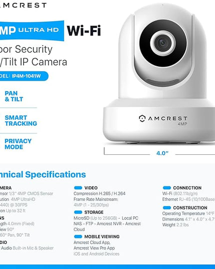 Amcrest 4MP ProHD Indoor WiFi, Security IP Camera with Pan/Tilt, Two-Way Audio, Night Vision, Remote Viewing, 4-Megapixel @30FPS, Wide 90° FOV, IP4M-1041W (White) Amcrest
