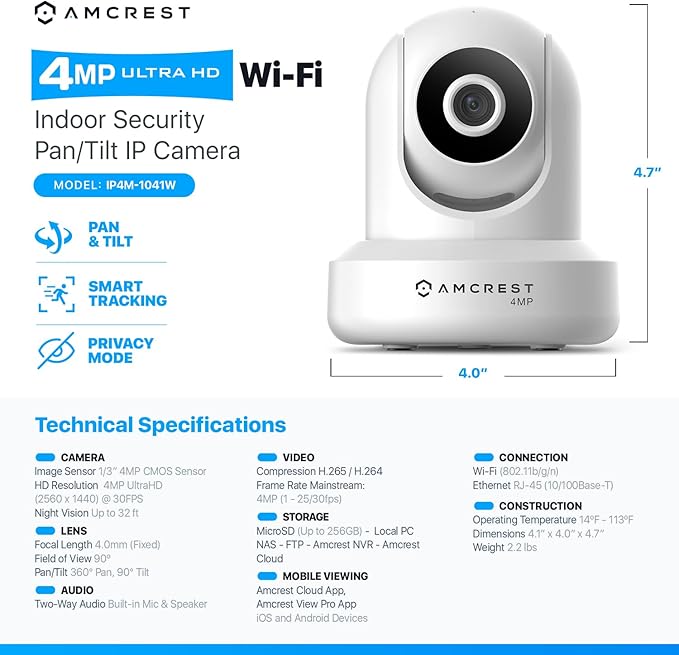 Amcrest 4MP ProHD Indoor WiFi, Security IP Camera with Pan/Tilt, Two-Way Audio, Night Vision, Remote Viewing, 4-Megapixel @30FPS, Wide 90° FOV, IP4M-1041W (White) Amcrest